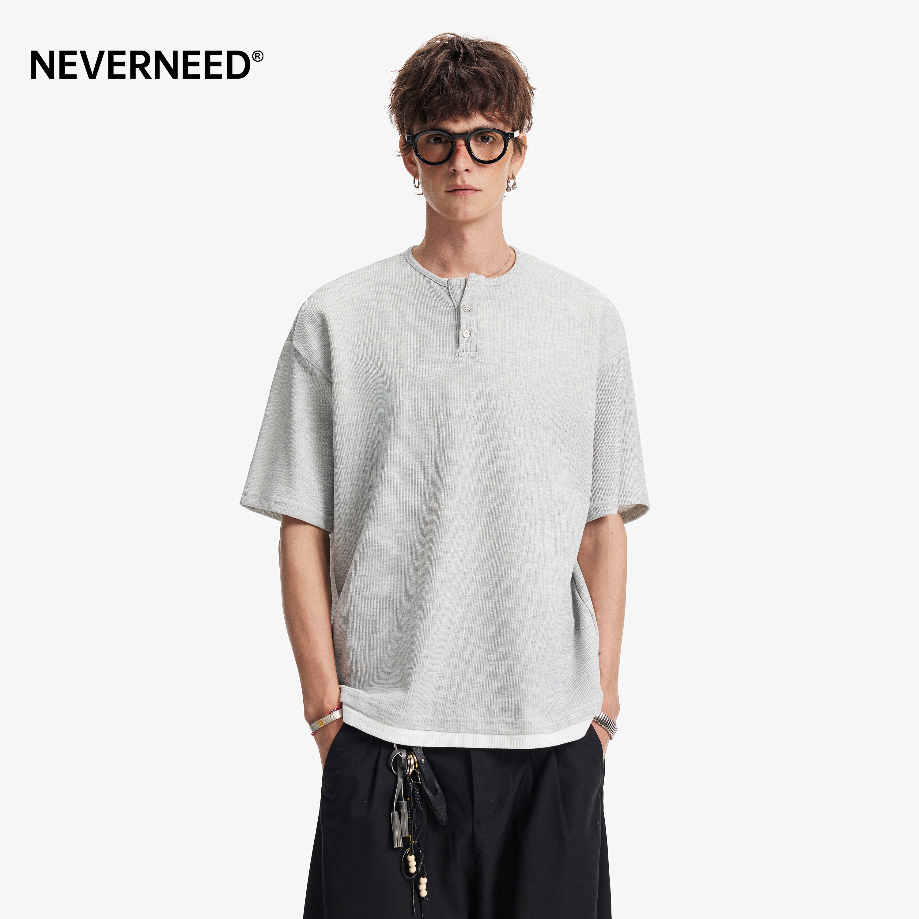 NEVERNEED假两件亨利领短袖T恤男图片