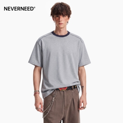 NEVERNEED解构拼接圆领短袖T恤男