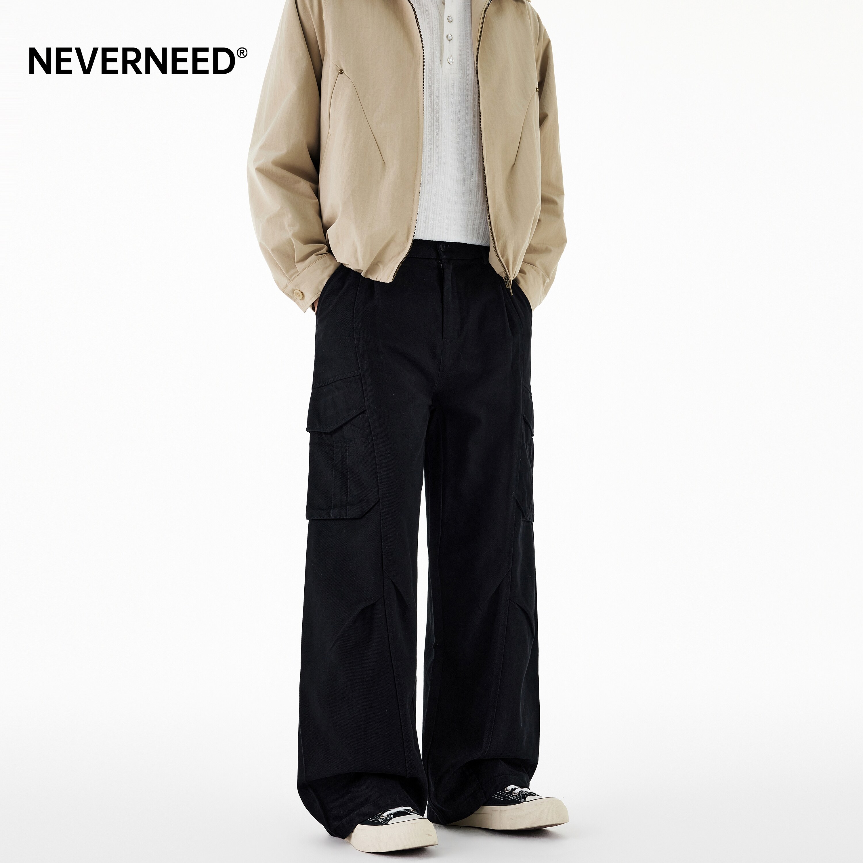 NEVERNEED黑色褶皱直筒休闲裤男图片