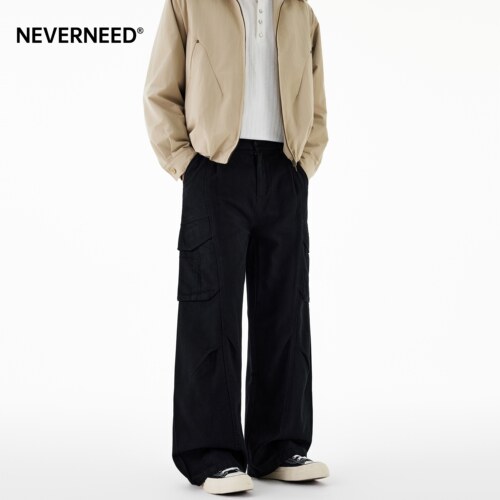 NEVERNEED黑色褶皱直筒休闲裤男