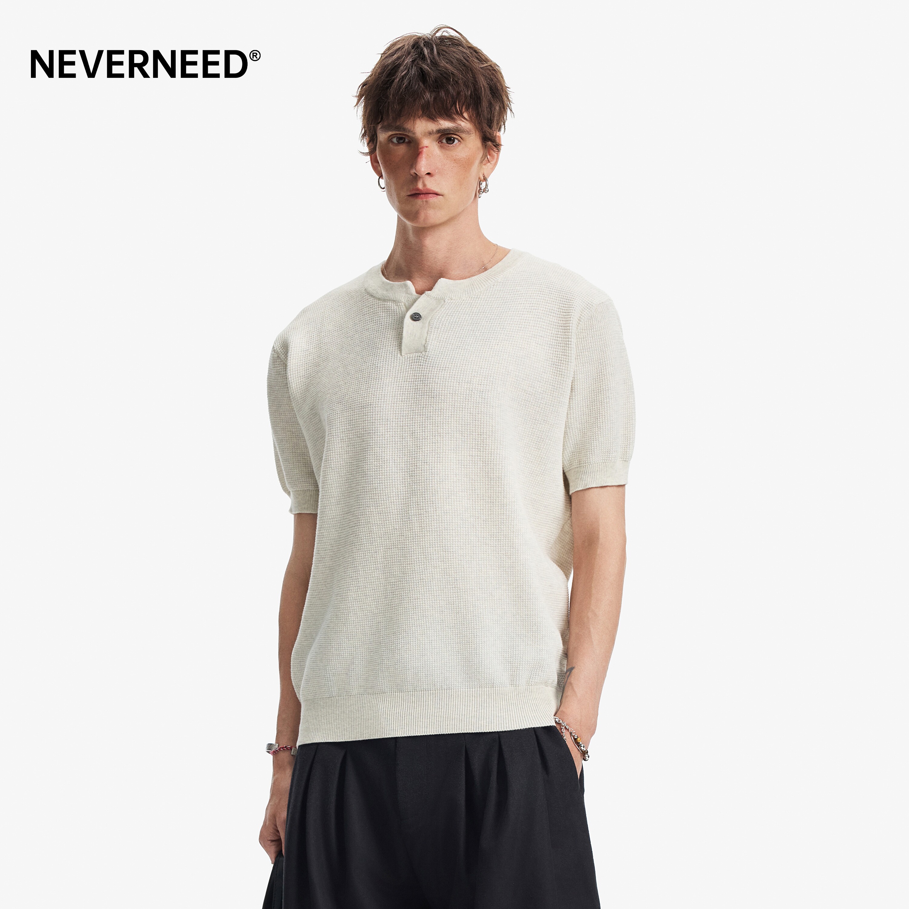NEVERNEED华夫格亨利领T恤男图片