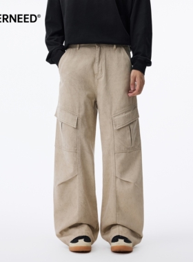 NEVERNEED美式黑色工装阔腿牛仔裤男女秋冬褶皱多口袋休闲A字长裤