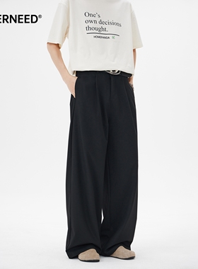 NEVERNEED黑色冰丝休闲西裤男女夏季薄款美式复古垂感阔腿拖地裤