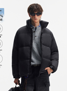 NEVERNEED美式黑色立领羽绒服男冬季90白鸭绒防寒保暖面包服外套
