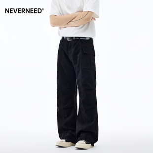 NEVERNEED黑色褶皱直筒工装牛仔裤男春季美式潮牌vibe休闲微喇裤