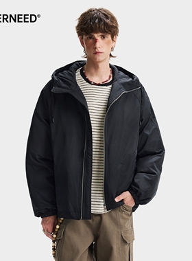 NEVERNEED黑色连帽棉衣男女冬季美式复古宽松休闲保暖情侣外套潮