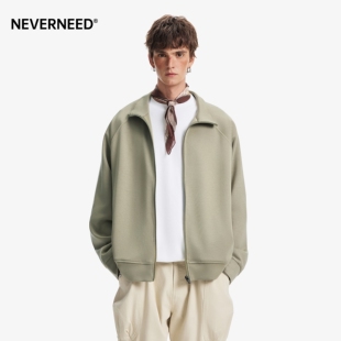 NEVERNEED纯色空气层开衫卫衣男女春季美式boxy短款休闲立领外套
