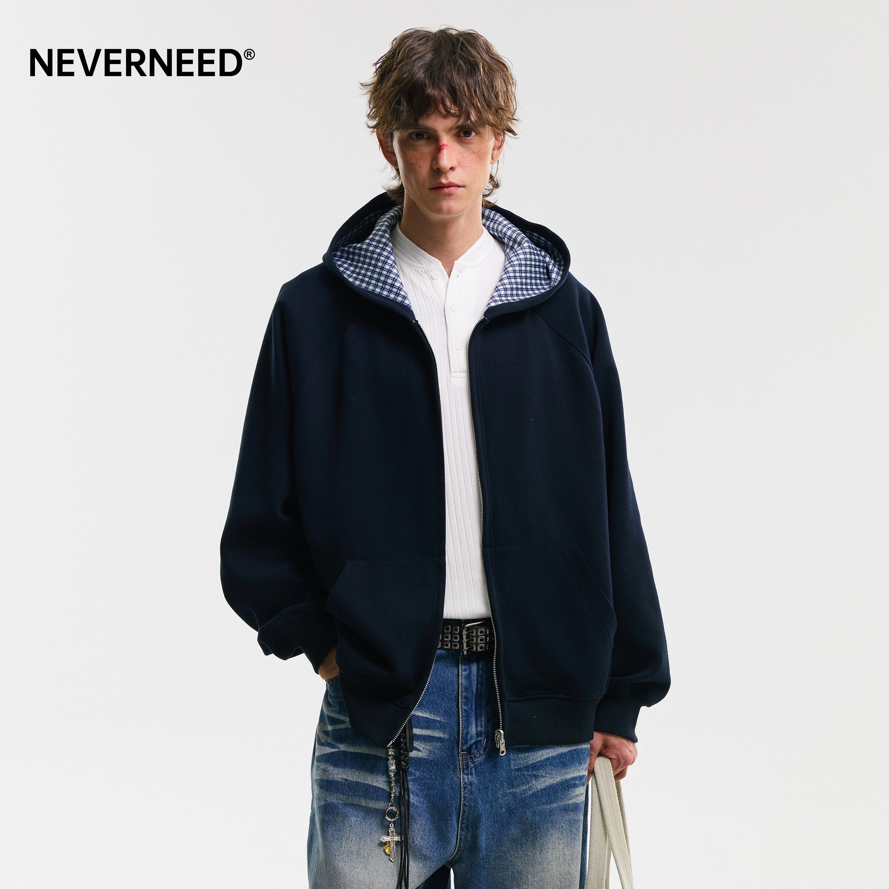 NEVERNEED格子双面穿连帽开衫卫衣男女春季美式cleanfit休闲外套