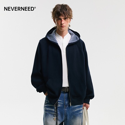 NEVERNEED格子双面色连帽卫衣