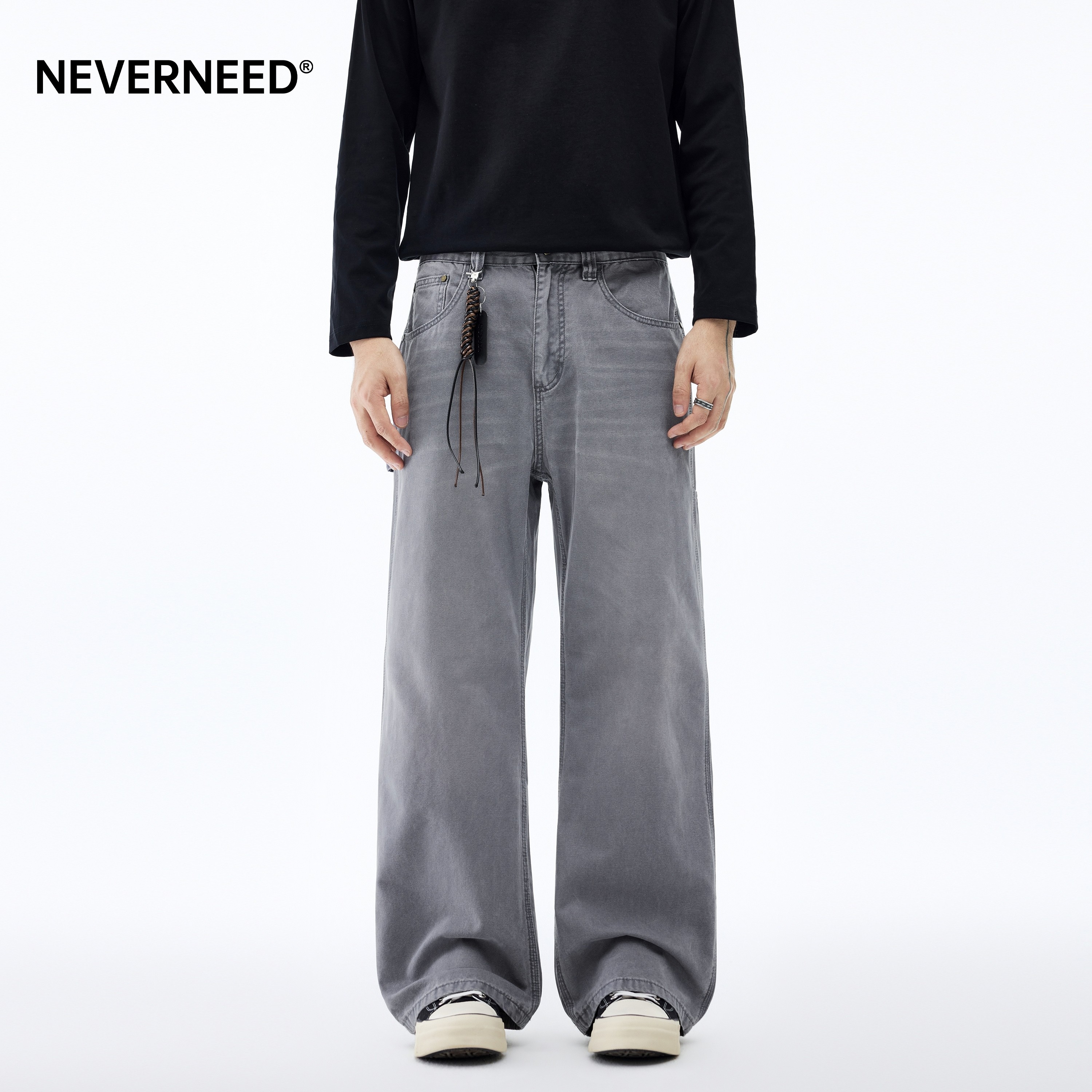 NEVERNEED纯棉直筒阔腿牛仔裤男女春季美式复古cleanfit微喇裤