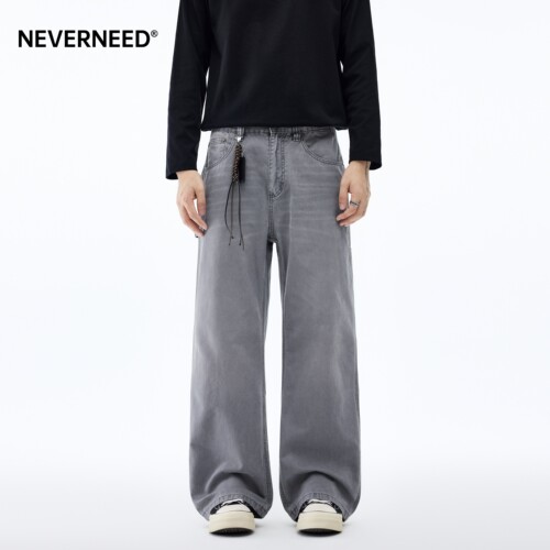 NEVERNEED纯棉直筒微喇牛仔裤男