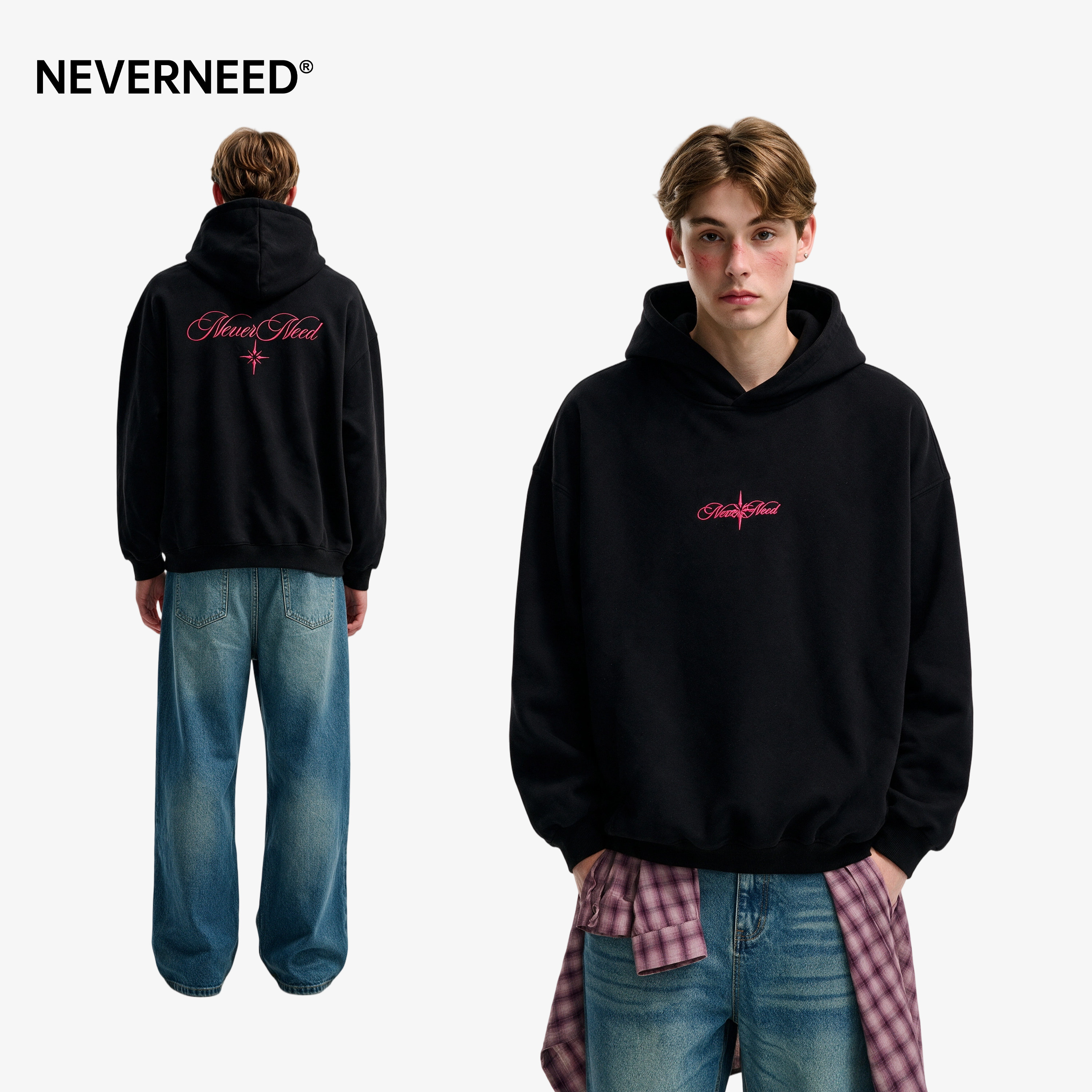 NEVERNEED字母刺绣连帽卫衣男女图片