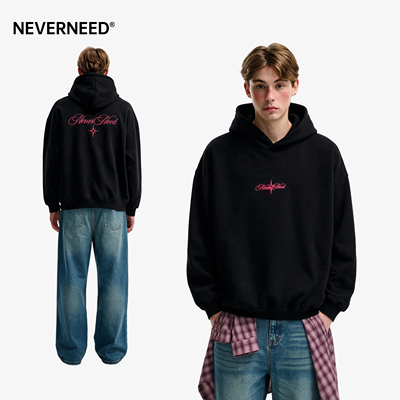 NEVERNEED字母刺绣连帽卫衣男女