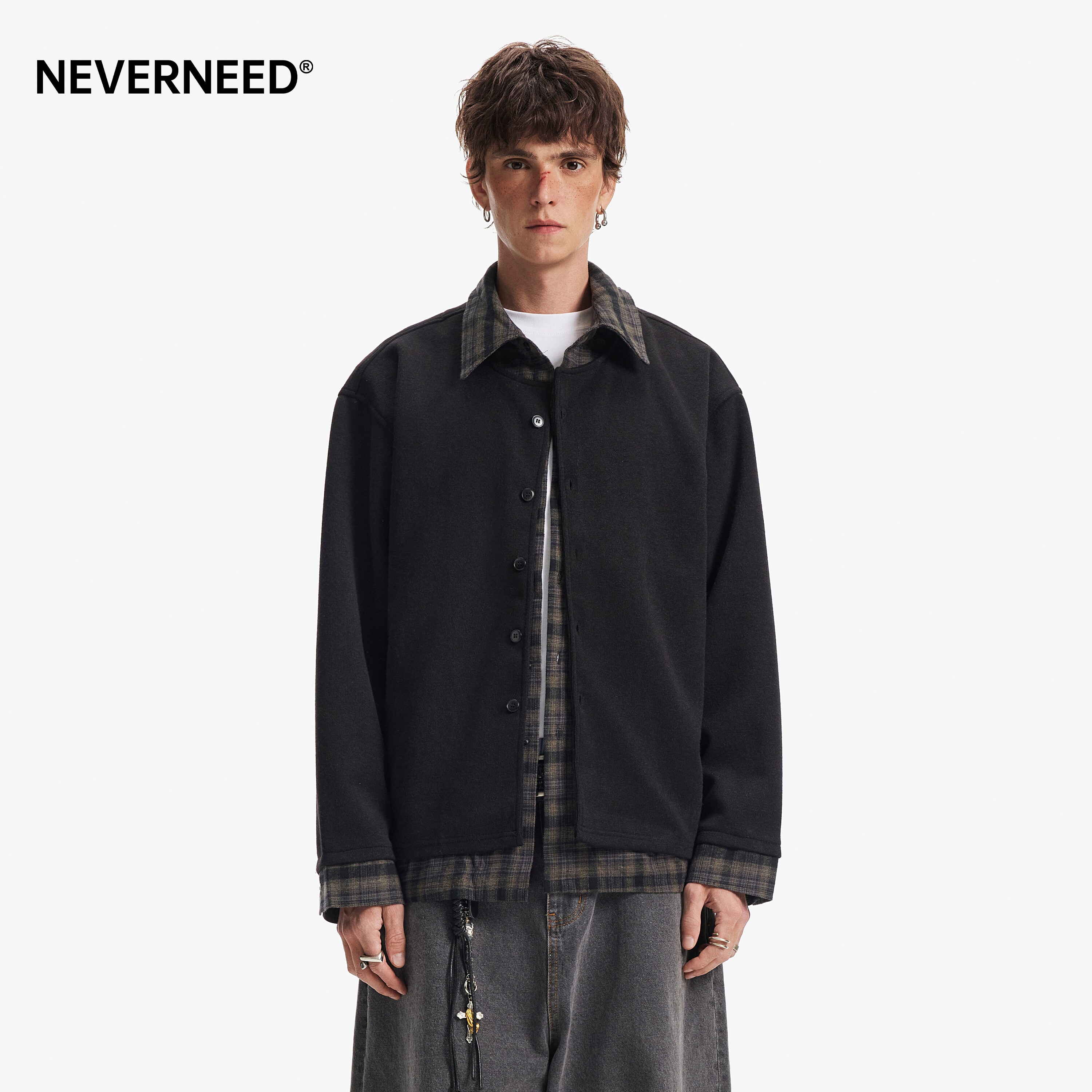 NEVERNEED假两件格纹拼接夹克男图片