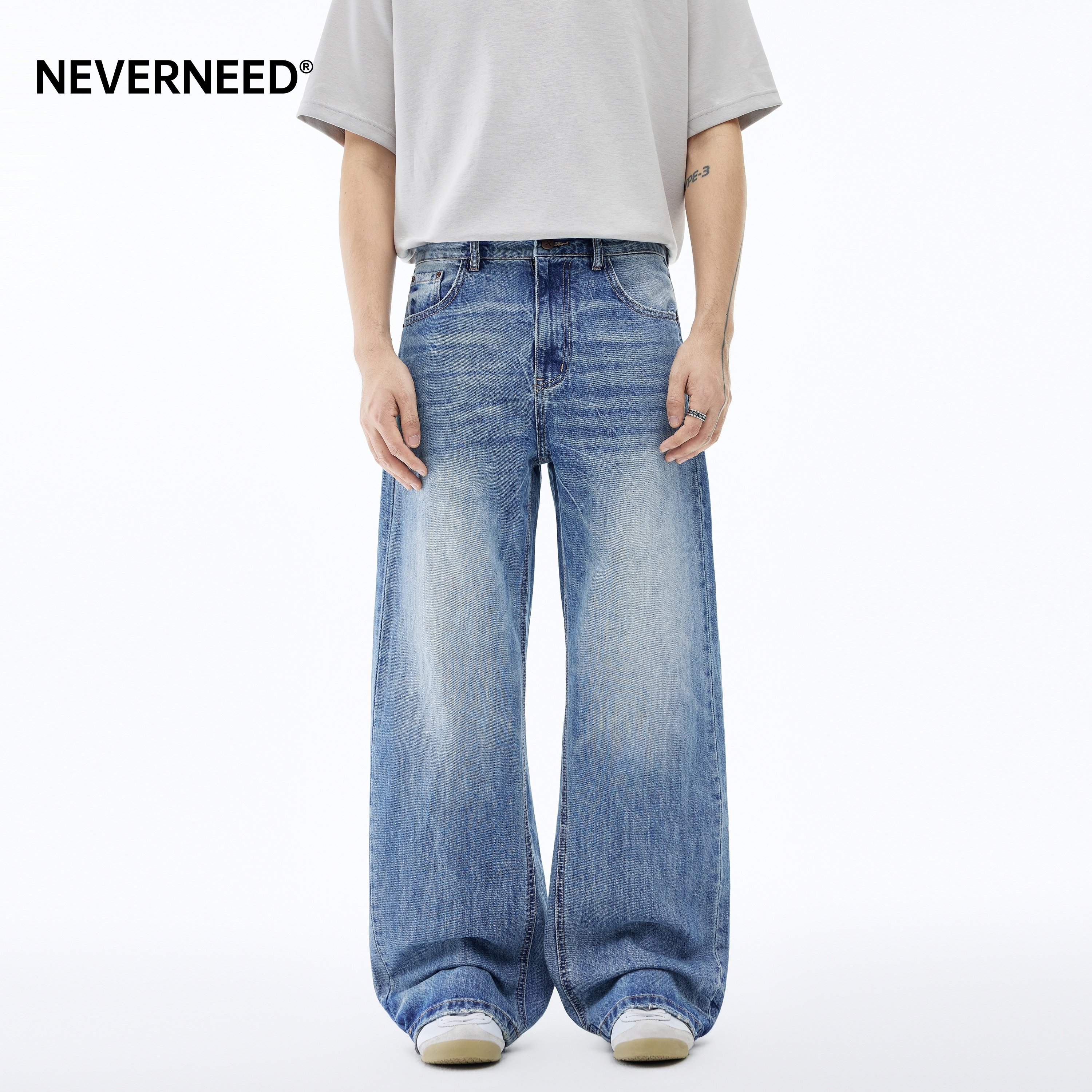 NEVERNEED猫须裂痕直筒牛仔裤男女春季美式高街cleanfit宽松A字裤