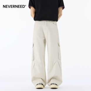 直筒裤 NEVERNEED纯棉褶皱伞兵休闲裤 多口袋机能工装 美式 男女春季