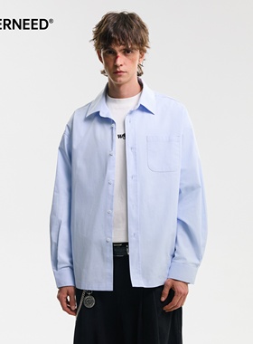 NEVERNEED高智感纯棉长袖衬衫男女春季美式潮牌休闲蓝色情侣衬衣
