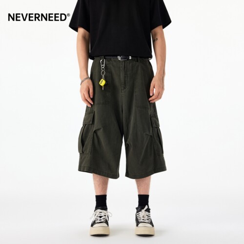 NEVERNEED多口袋直筒休闲七分裤