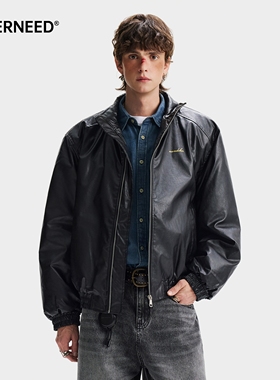 NEVERNEED黑色PU皮立领棉衣男女冬季美式潮牌短款情侣装棉服外套