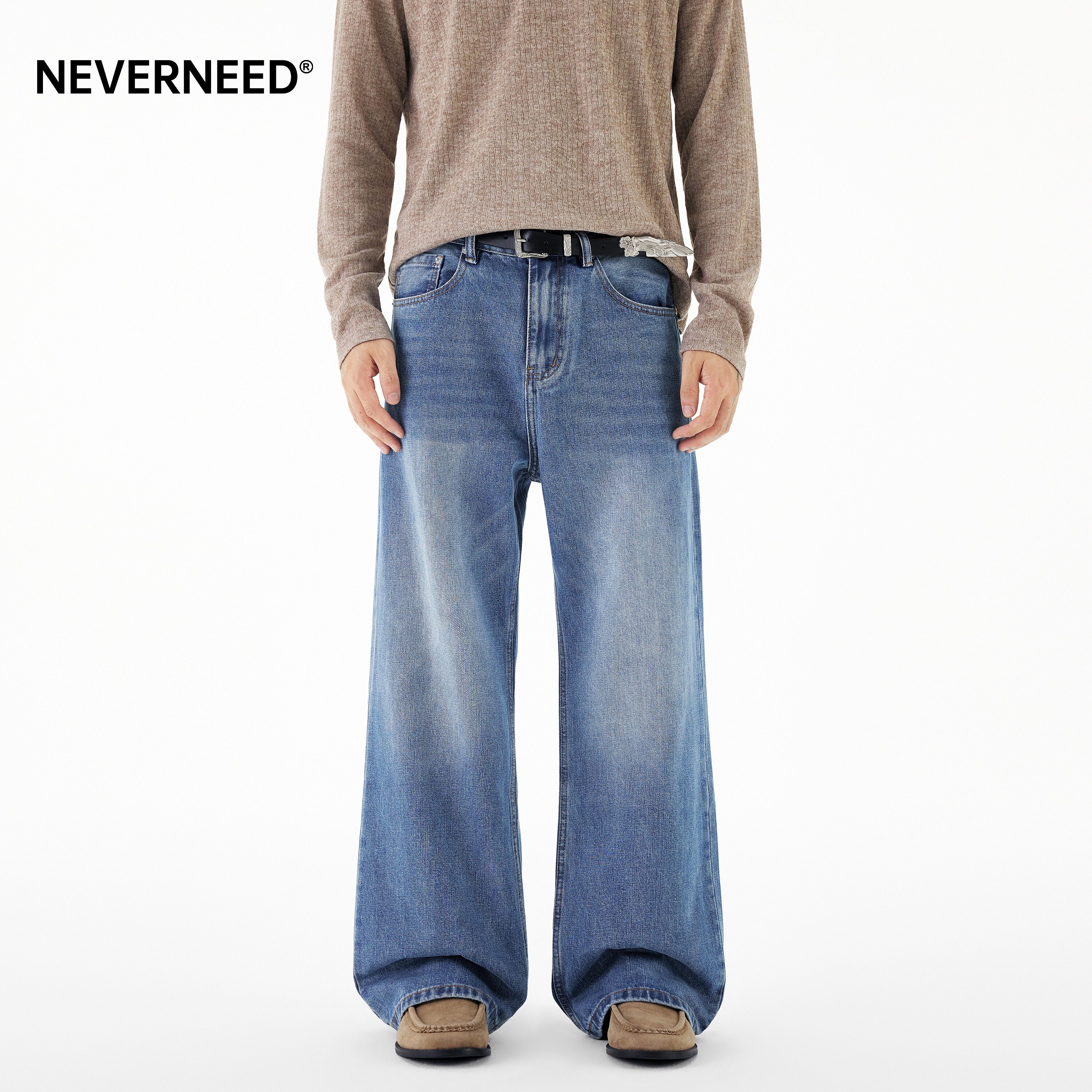 NEVERNEED蓝色直筒牛仔裤男女秋图片