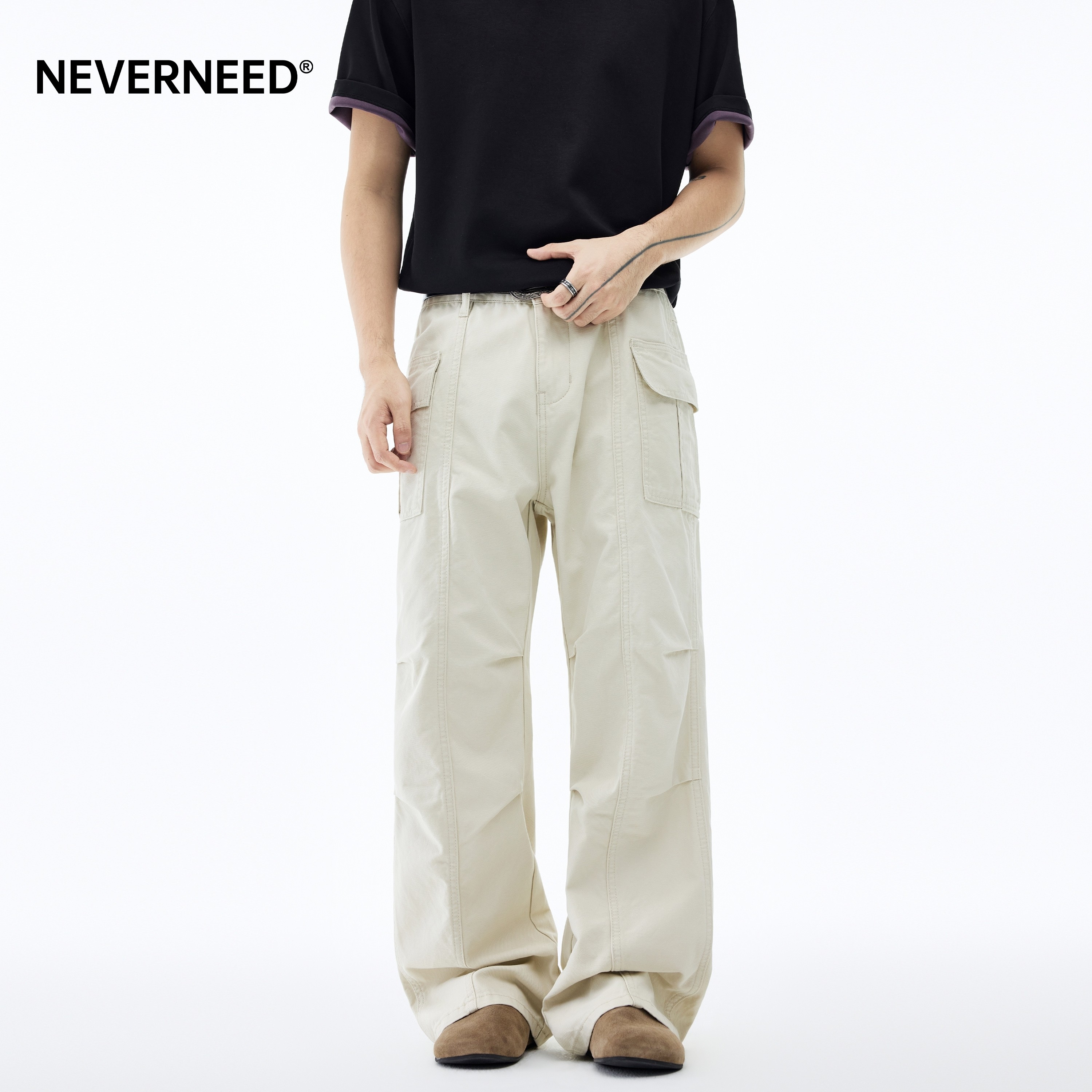 NEVERNEED美式复古褶皱牛仔裤男图片