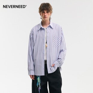 NEVERNEED泡泡纱复古条纹长袖衬衫男女春季美式潮牌情侣长袖衬衣