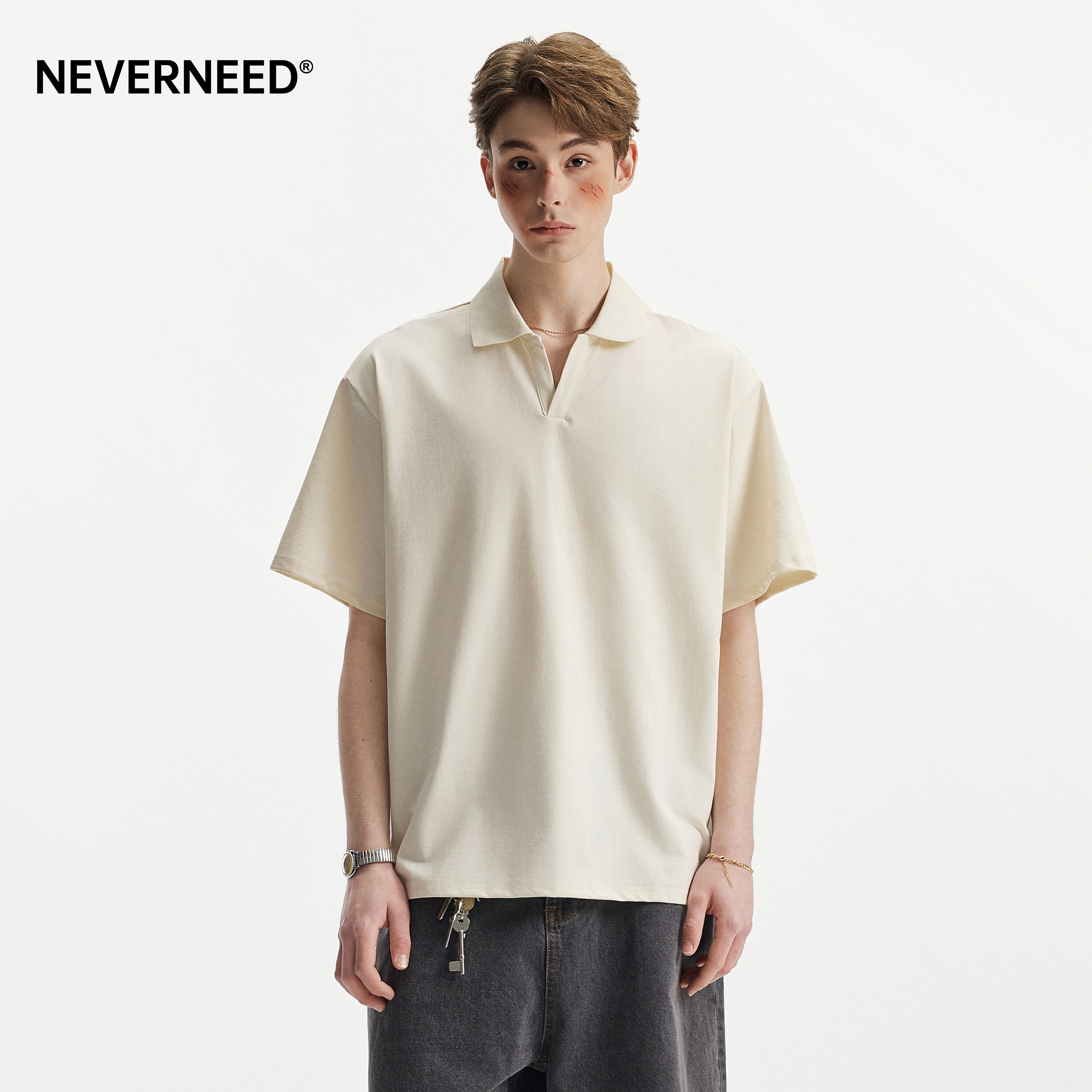 NEVERNEED纯色V领POLO衫男女夏季图片