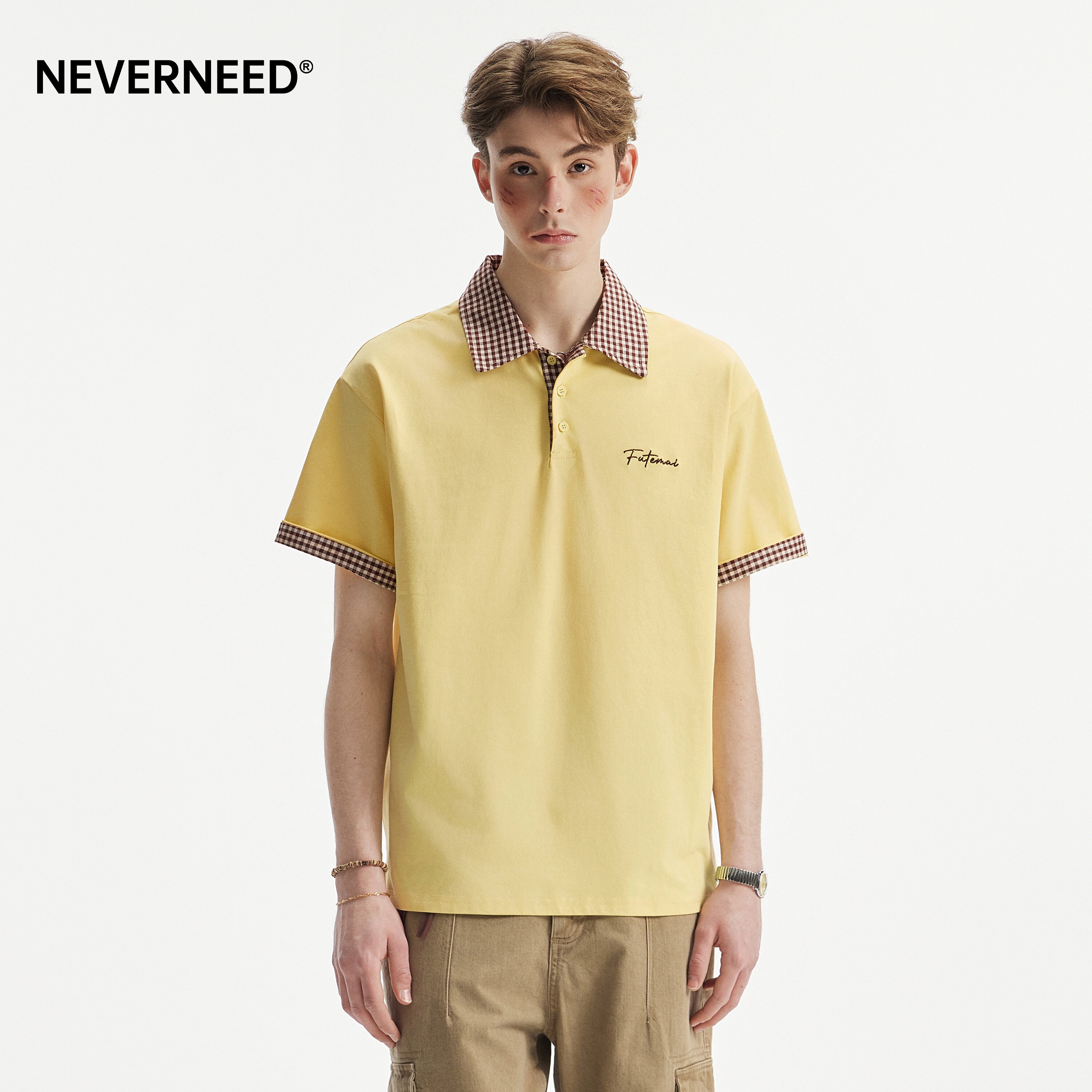 NEVERNEED撞色格纹翻领T恤男图片