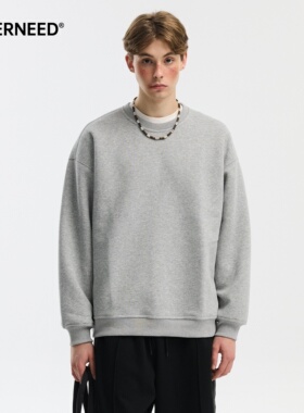 NEVERNEED400g重磅圆领卫衣男秋季美式复古纯色情侣宽松套头上衣