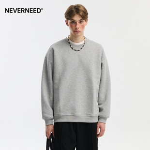 NEVERNEED400g重磅圆领卫衣男秋季 复古纯色情侣宽松套头上衣 美式