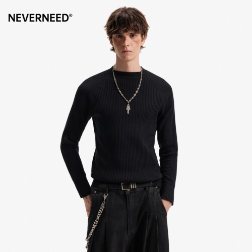 NEVERNEED黑色圆领针织毛衣男女