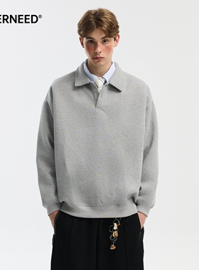 NEVERNEED重磅POLO领卫衣男女秋季美式复古纯色情侣宽松长袖上衣