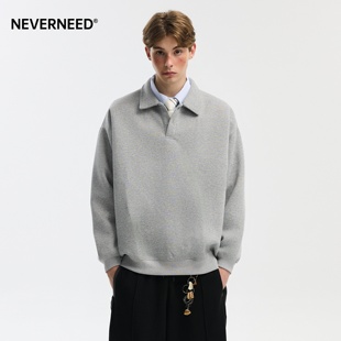 NEVERNEED重磅POLO领卫衣男女秋季美式复古纯色情侣宽松长袖上衣