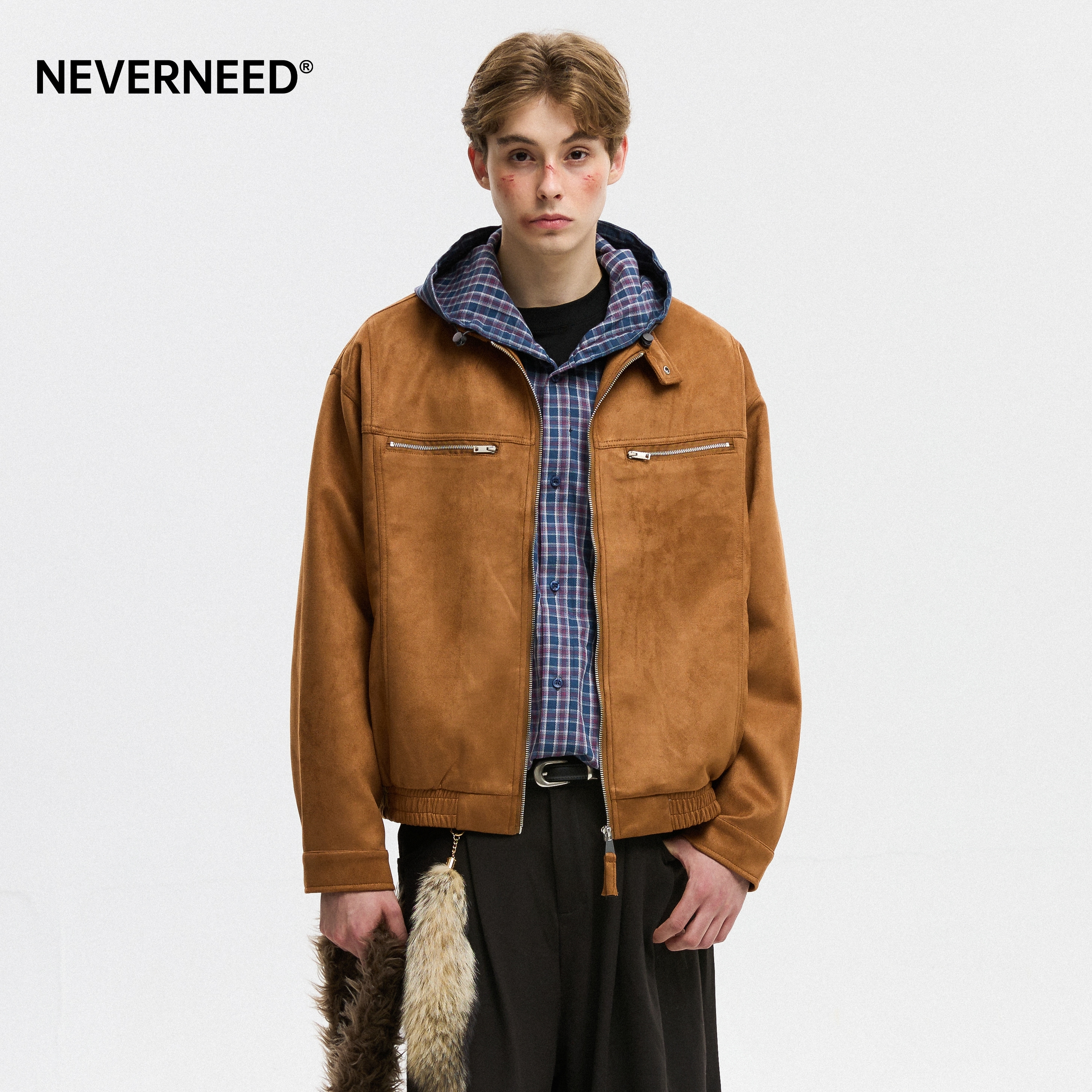 NEVERNEED麂皮绒立领夹克男