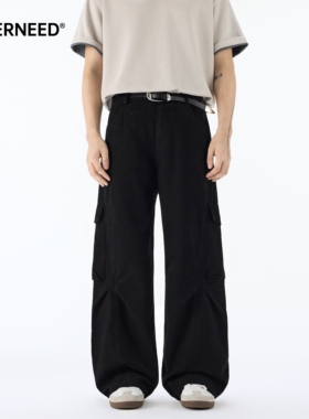 NEVERNEED黑色褶皱伞兵休闲裤男女春季美式复古多口袋机能工装裤