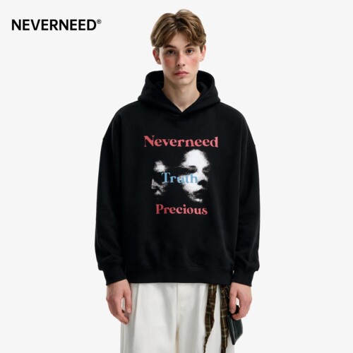 NEVERNEED字母印花连帽卫衣男女