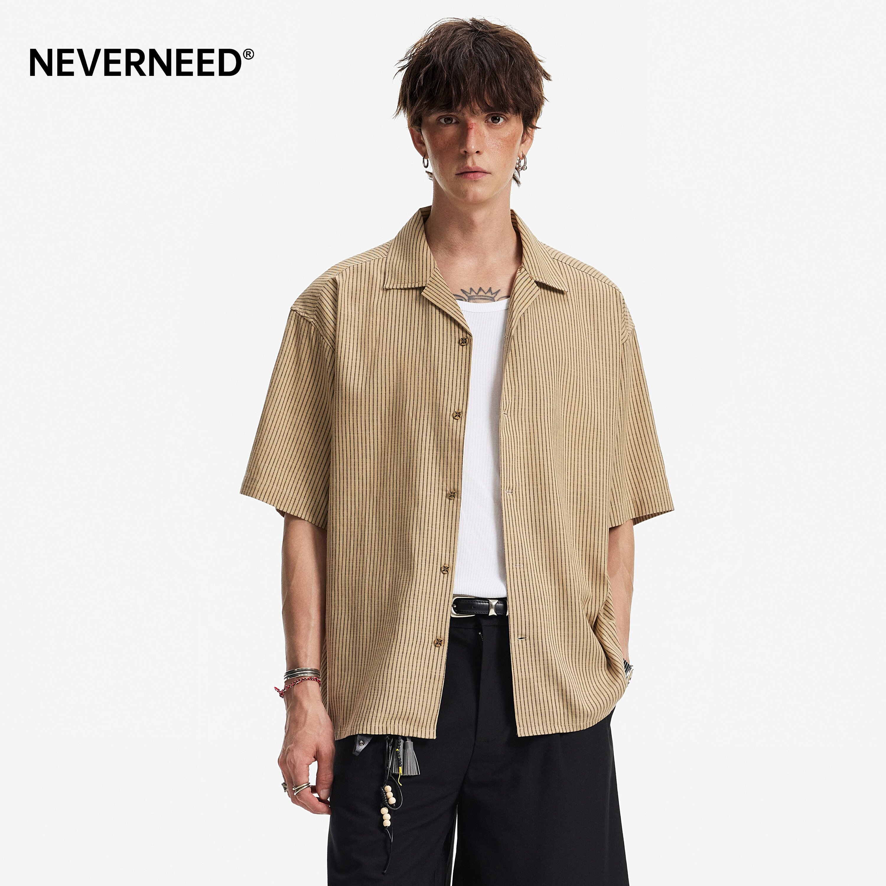 NEVERNEED莱赛尔天丝条纹短袖衬图片