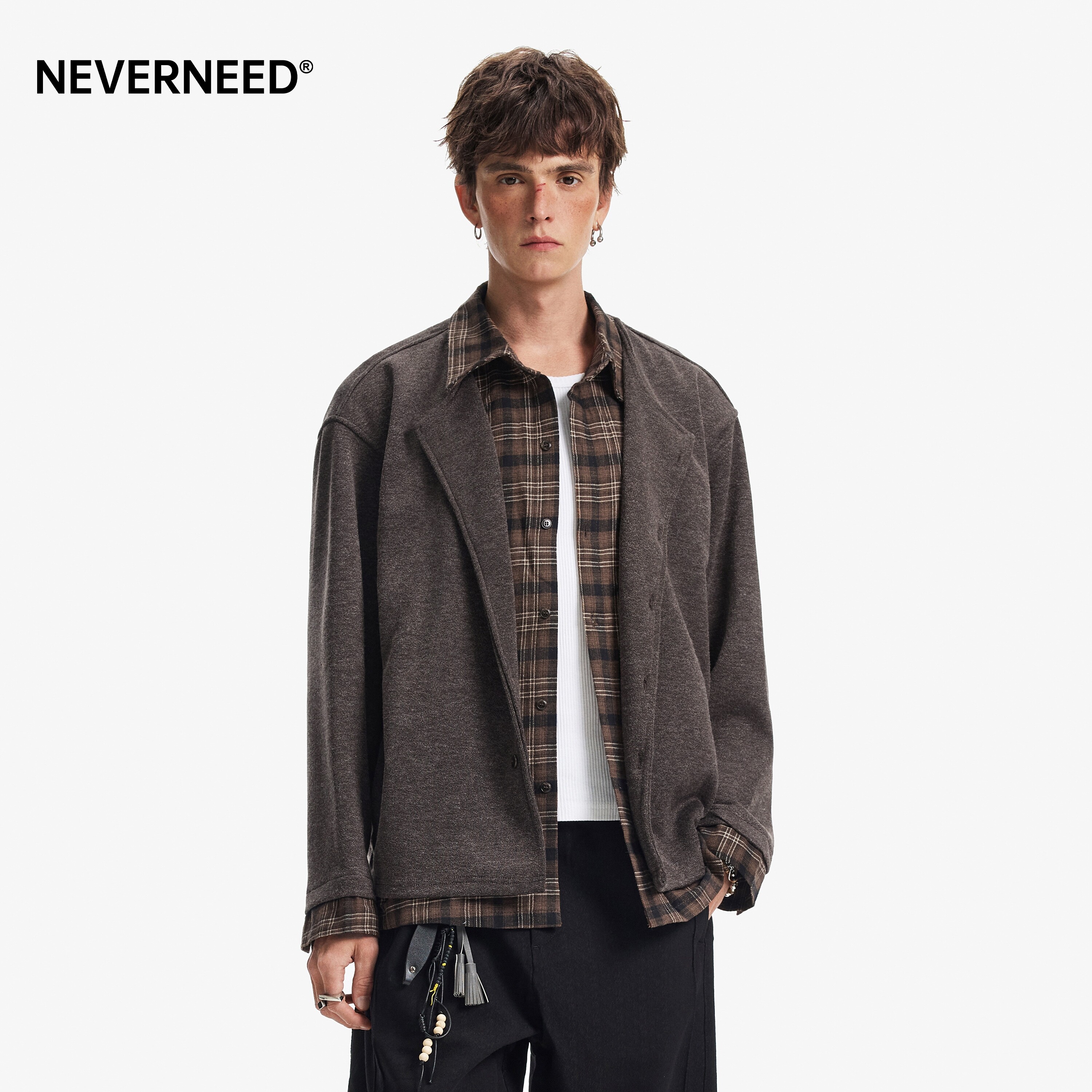 NEVERNEED假两件格纹拼接夹克男图片