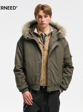 NEVERNEED黑色连帽毛领棉外套男冬季美式复古保暖情侣派克服棉衣