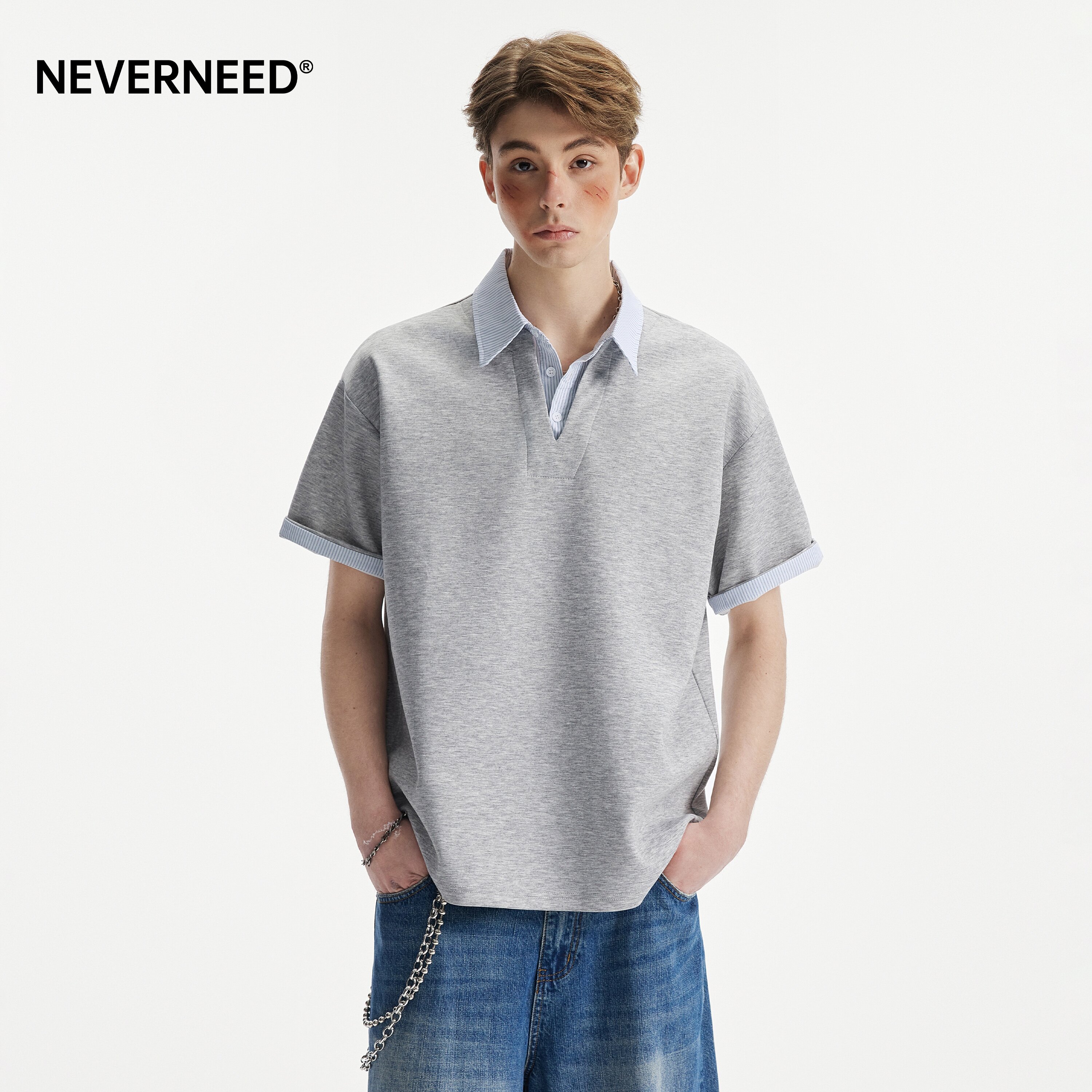 NEVERNEED假两件衬衫领空气层短袖t恤男女夏季休闲条纹半袖POLO衫
