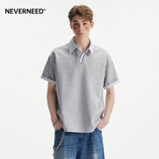 潮牌休闲套头条纹POLO衫 美式 t恤男女夏季 NEVERNEED假两件翻领短袖