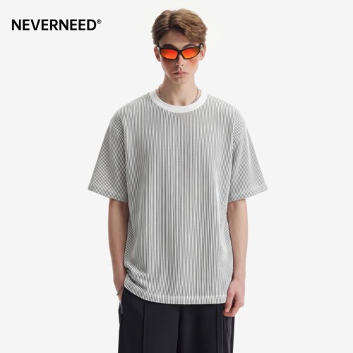 NEVERNEED撞色条纹肌理感短袖T恤