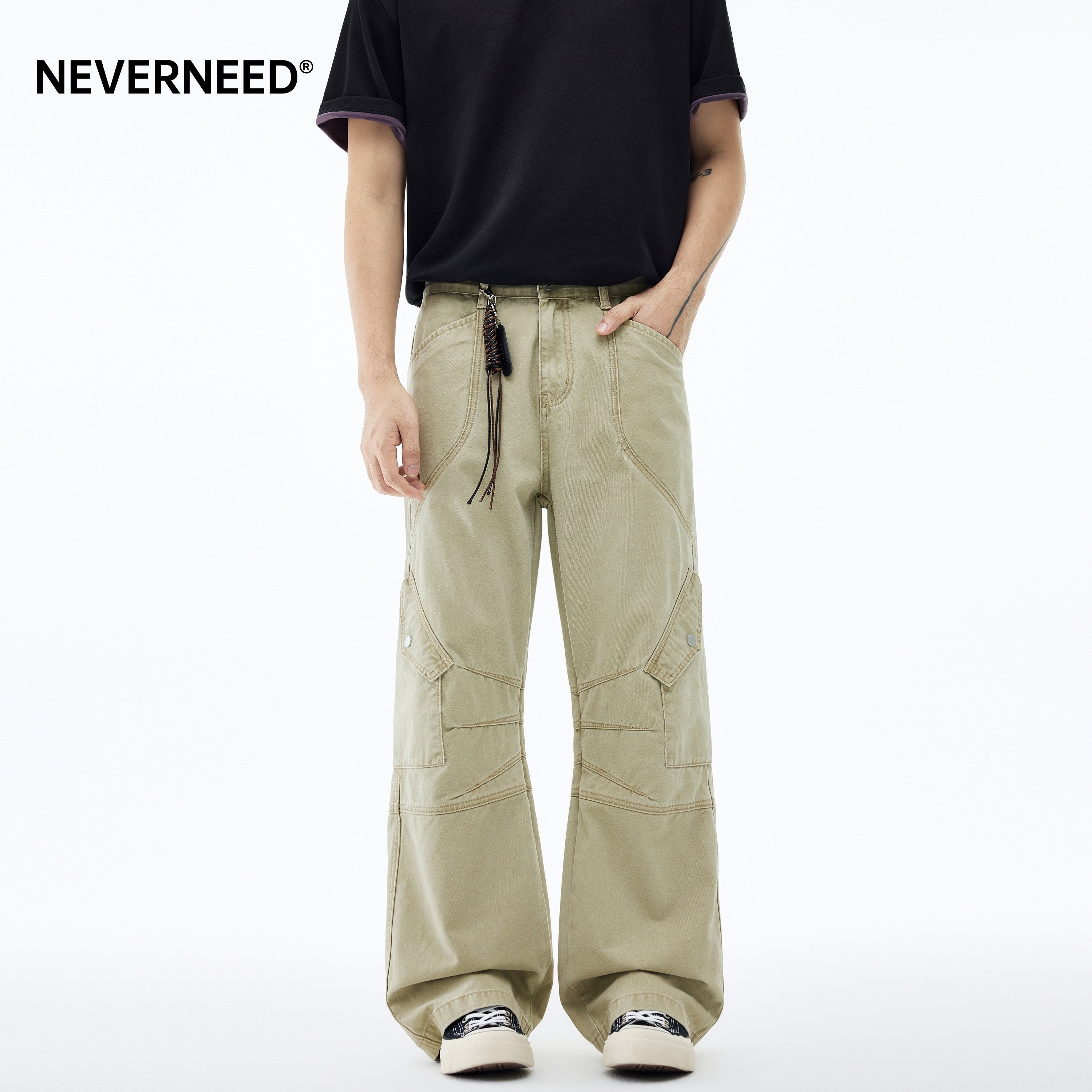 NEVERNEED拼接解构直筒牛仔裤男女春季美式潮牌复古多口袋工装裤,男装,牛仔裤,淘宝优惠券,粉丝福利购,淘宝优惠卷