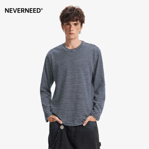 NEVERNEED复古条纹圆领长袖T恤男