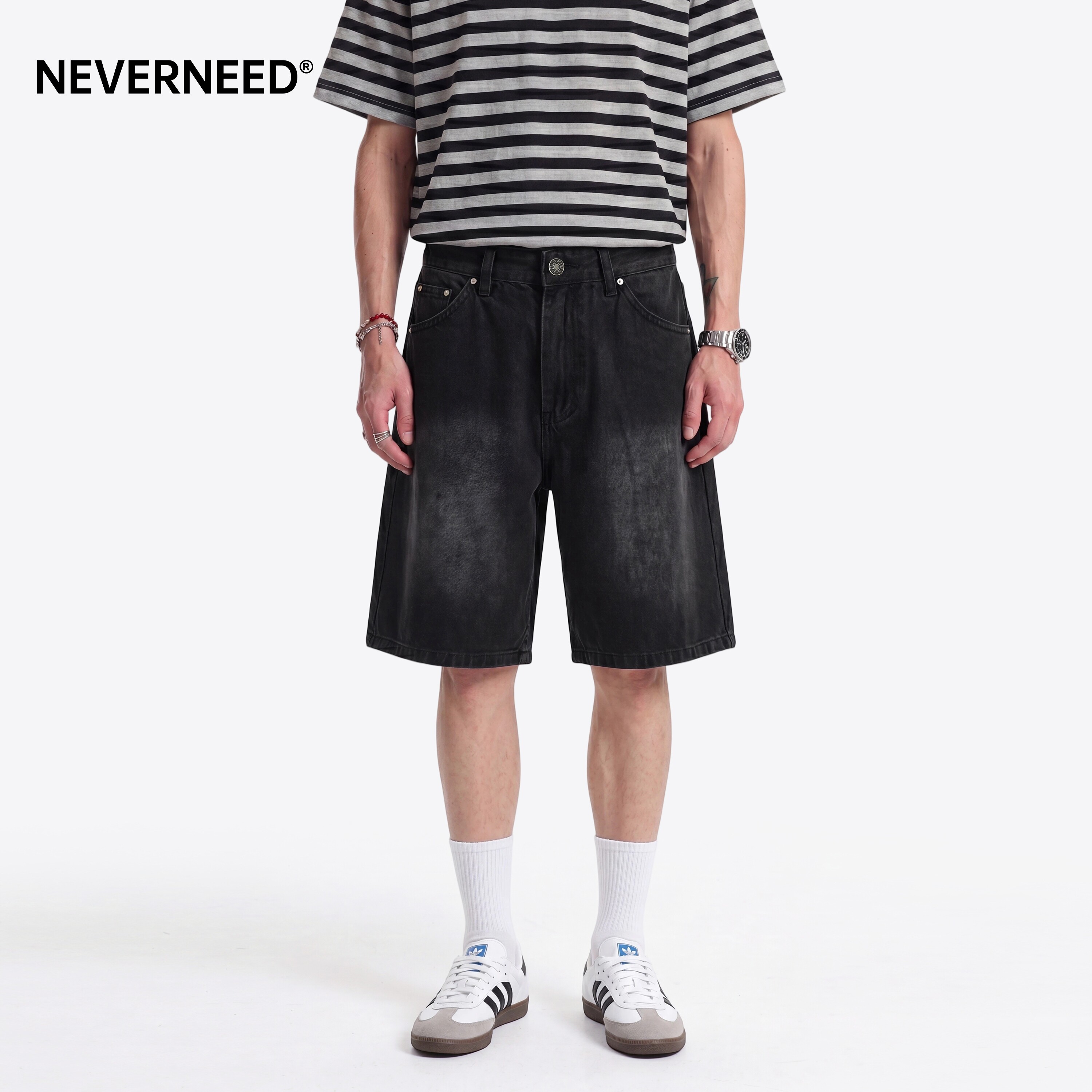 NEVERNEED水洗做旧直筒牛仔短裤图片