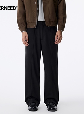 NEVERNEED黑色拼接直筒休闲裤男女秋季美式潮牌复古垂感阔腿长裤