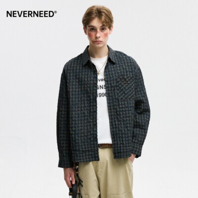 NEVERNEED格纹泡泡纱长袖衬衫男