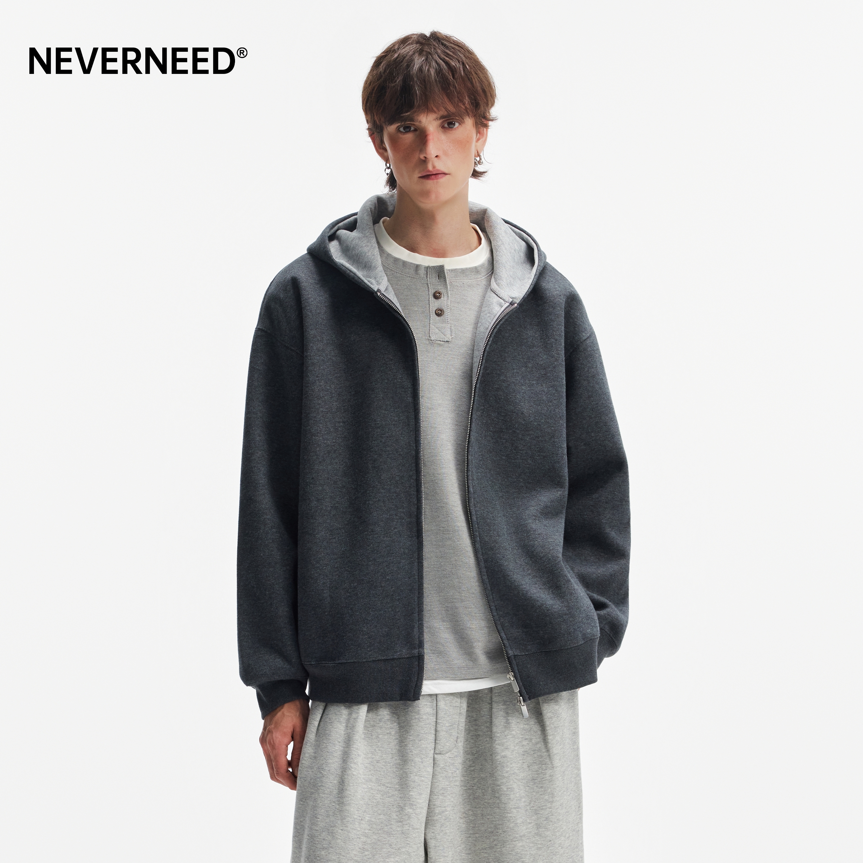 NEVERNEED美式cleanfit连帽卫衣男女boxy短款双拉链撞色开衫外套