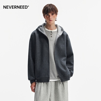 NEVERNEED美式cleanfit连帽卫衣男女boxy短款双拉链撞色开衫外套