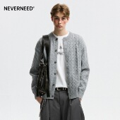 NEVERNEED麻花圆领开衫 外套 慵懒风情侣针织衫 毛衣男女秋冬季 美式